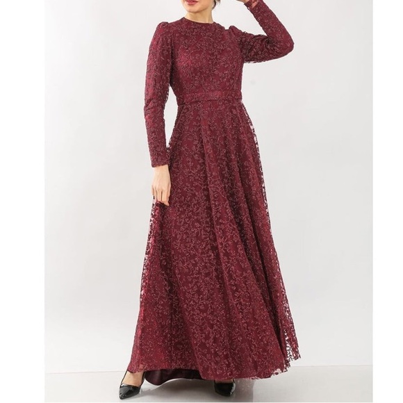 Elegant formal modest gown Red burgundy  sparkly Lace Women Dress sz 8 - Picture 1 of 11